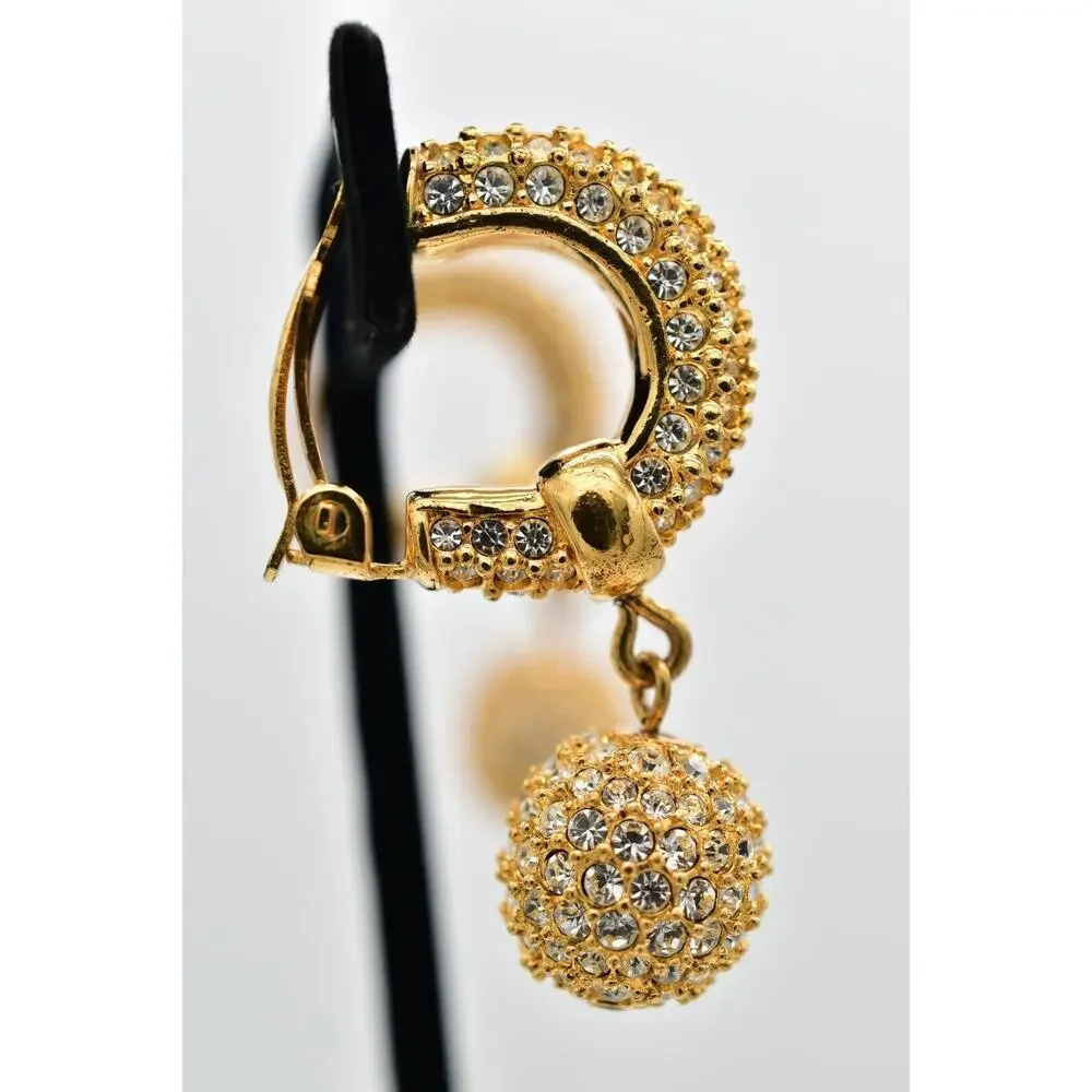 Swaovski Vintage Crystal Clip On Earrings Ball Dangle Gold Swan Signed 80s BinBJ